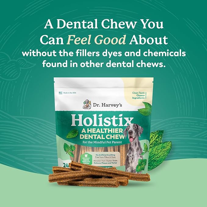 Dr. Harvey's Holistix Dental Chews for Dogs - Dog Teeth Cleaning & Fresh Breath Treats, Sweet Potato Mint (24 Sticks)