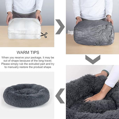 Dog Bed, Cat Calming Bed, Faux Fur Pillow Pet Donut Cuddler Round Plush Bed for Large Medium Small Dogs and Cats (Dark Grey, 23.0" L x 23.0" W x 7.0" Th)