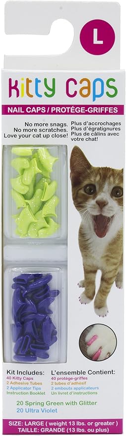 Kitty Caps Nail Caps for Cats, Spring Green with Glitter & Ultra Violet - Safe, Stylish & Humane Alternative to Declawing Stops Snags & Scratches, Large (13 lbs or more), 40 Count