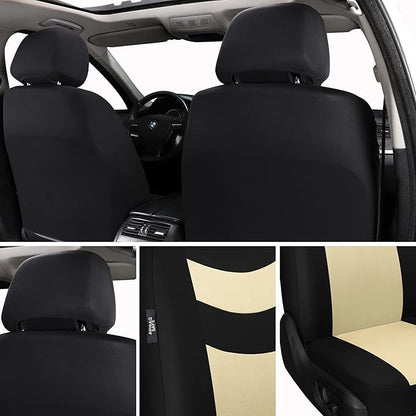 Universal Car Seat Covers for Front Seats, Cloth Front Car Seat Cover, Easy to Install, Breathable and Washable Universal Interior Covers for Auto, SUV, Sedan, Van, Airbag Compatible, Black & Beige