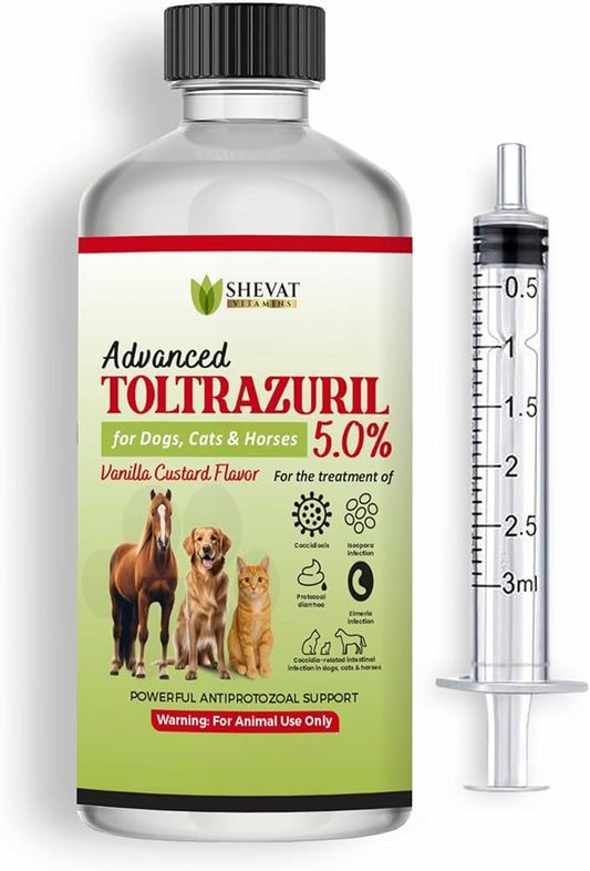 SHEVAT VITAMINS Advanced Toltrazuril 5.0% for Dogs, Cats & Horses – Vanilla Flavor – Oral Suspension – Easy-Dose Liquid – Includes 3 mL Dropper – Animal Use Only (120ml)