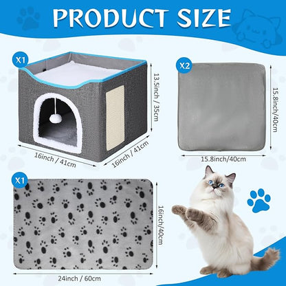 Cinnvoice Heated Cat Bed Indoor for Cats Heated Cat House with 2 Pcs Self Warming Cats Bed 1pc Blankets Self Heating Cube Shelter Cave Condo with Scratch Pad Fluffy Ball for Winter Pet Small Dog