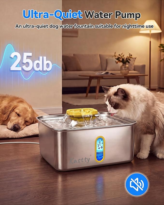Kastty 15L/4 Gal Stainless Steel Dog Water Fountain, Large Capacity Dog Water Bowl Dispenser with Visual Window & LED Light 5-Stage Filtration,Ultra Quiet Pet Water Fountain Easy Clean(FS78,Yellow)