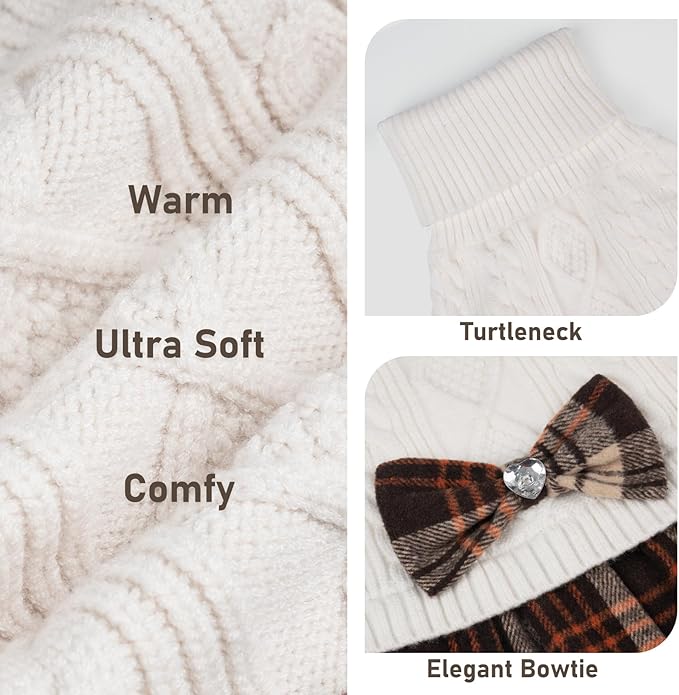 KYEESE Dog Sweaters Dress with Leash Hole with Bowtie Turtleneck Red Dog Knitwear Plaid Pattern Warm Pet Sweater for Medium Dogs White,(XX-Large (Pack of 1))