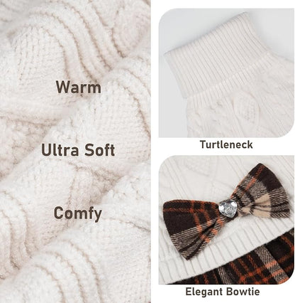 KYEESE Dog Sweaters Dress with Leash Hole with Bowtie Turtleneck Red Dog Knitwear Plaid Pattern Warm Pet Sweater for Medium Dogs White,(XX-Large (Pack of 1))