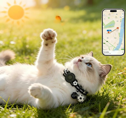 GPS Collar for Cats (Android Only) Pet Tracker, Soccer Style Smart Tag Compatible with Google Find My, Waterproof No Monthly Fee Cat Tracking Collar, Game Day Football Design for Pet Safety