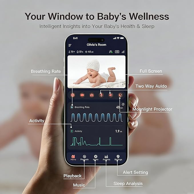 iBaby i20 Wellness Baby Monitor: Track Live Breathing, Heart Rate, Sleep Patter -1080P, Night Vision, 2-Way Audio, Cry & Safety Alerts, No Subscription, Wall Mount