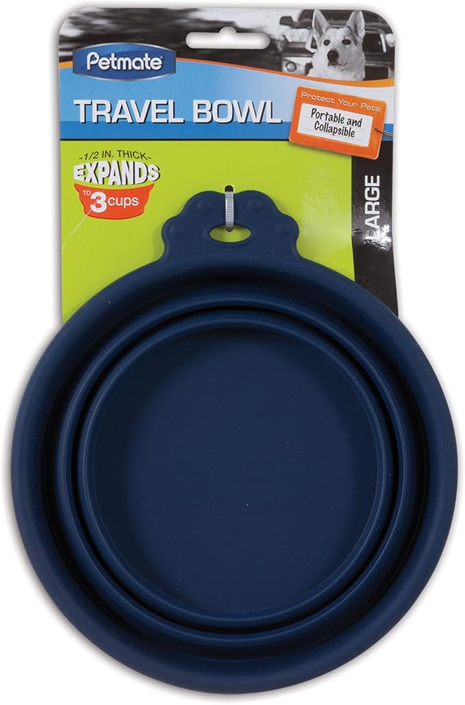 Doskocil Petmate 23369 Silicone Round 3-Cup Travel Bowl for Pets, Navy Blue