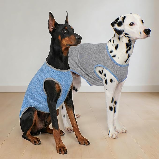 KYEESE 2Pack Dog Shirt, Lightweight Sun Protection Sleeveless Dog T Shirts for Medium Large Dogs Boy, Breathable Pet Reflective Tank Top Summer Dogs Clothes for Outdoor Walking, Grey+Light Blue, 2XL