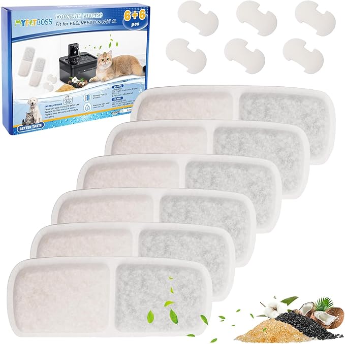 6 + 6 Pack Cat Water Fountain Filter Replacement Compatible with FEELNEEDY Cat Water Fountain FN-W07 135 fl oz/4L, Pet Water Fountain Filters Replacement Filters and Foam Sponges