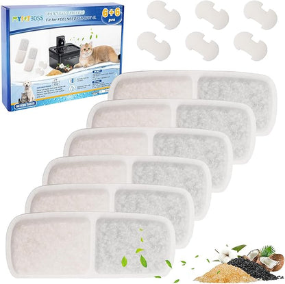 6 + 6 Pack Cat Water Fountain Filter Replacement Compatible with FEELNEEDY Cat Water Fountain FN-W07 135 fl oz/4L, Pet Water Fountain Filters Replacement Filters and Foam Sponges