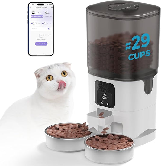 PAPIFEED Automatic Cat Feeder 2 Cats, 2.4G WiFi Cat Food Dispenser with App Control, 7L Slow Feed Timed Cat Feeders for Dry Food, 10 Meals/Day, 12 Portions/Meal, Dual Power Supply - White