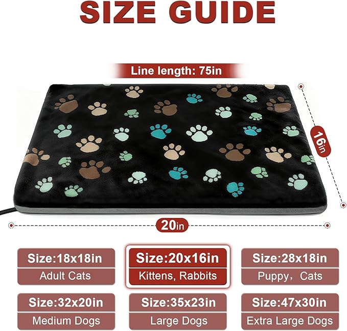 GOLOPET Pet Heating Pad 20x16 in with Smart Thermostat Switch and Power Line Protection Tube,Obtained MET and UL Dual Certification,Waterproof Pet Heating Pad for Dogs with Plush Fabric Cover-Black
