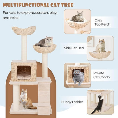 PETSITE 48 inch Cattail Cat Tree, Multi-Level Cat Tower with Sisal Scratching Posts, Cat Condo, Basket Beds, Climbing Ladder, and Soft Washable Cushions, Modern Cat Tree for Indoor Cats