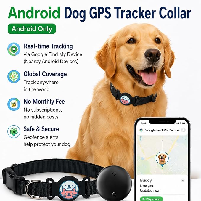 GPS Dog Tracker Collar, Android Only Pet Tracker with Adjustable Collar Compatible with Google Find My, Waterproof Smart Tag Dog Collar, No Monthly Fee, for Small Medium Large Dogs