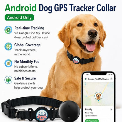 GPS Dog Tracker Collar, Android Only Pet Tracker with Adjustable Collar Compatible with Google Find My, Waterproof Smart Tag Dog Collar, No Monthly Fee, for Small Medium Large Dogs