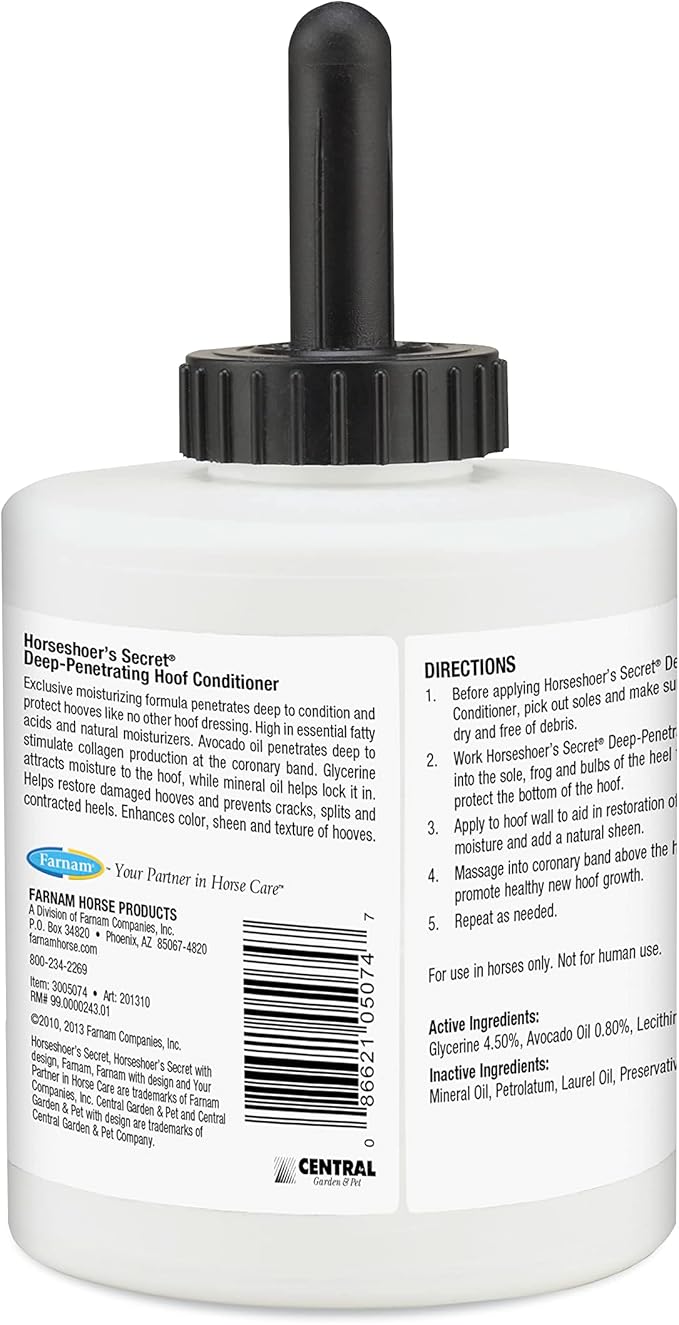 Farnam Horseshoer's Secret Deep-Penetrating Hoof Oil for Horses, Conditions Dry Hooves, Prevents Cracks, Splits & Contracted Heels, Contains Avocado, Glycerine & Mineral Oils, Fast Absorbing, 32 Oz