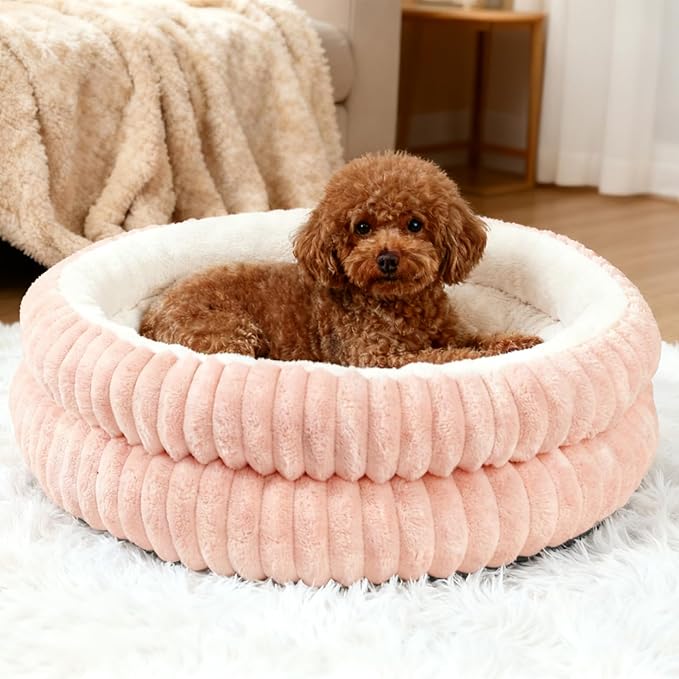 Washable Round Donut Dog Bed,Cat Beds for Indoor Cats,Fluffy Puppy Dogs Beds for Small Dogs with Anti-Slip Bottom(Pink,M)