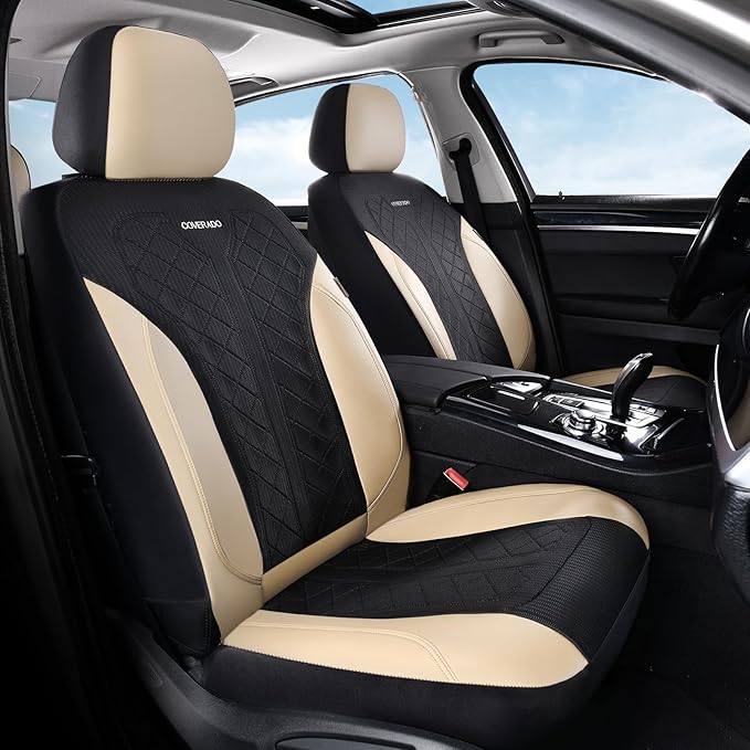 Coverado Seat Covers Full Set, Beige Car Seat Covers, PU Leather & Breathable Mesh Seat Protectors, 5-Piece Automotive Seat Covers, Universal Fit for SUVs, Trucks, Sedans