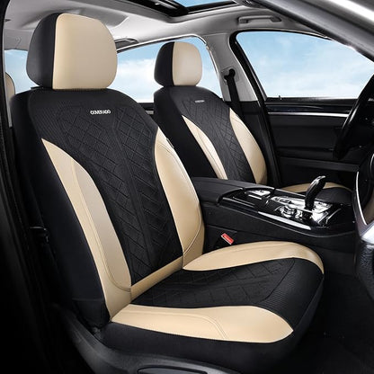 Coverado Seat Covers Full Set, Beige Car Seat Covers, PU Leather & Breathable Mesh Seat Protectors, 5-Piece Automotive Seat Covers, Universal Fit for SUVs, Trucks, Sedans