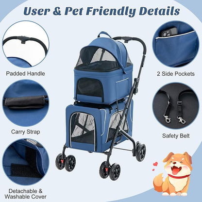 PETSITE Double Dog Stroller, Foldable 3-in-1 4 Wheels Cat Pet Stroller with 2 Detachable Carriers, Safety Belt, Washable Cover, Removable Pads, Ideal for Small Medium Dogs Cats (Blue)