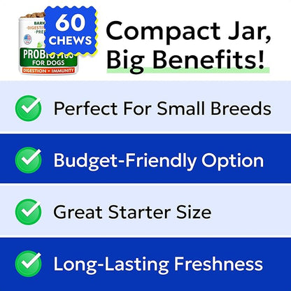 BARK&SPARK Dog Probiotics for Digestive Health & Enzymes - Diarrhea, Gas, Upset Stomach Relief & Season Allergy - Chews for Digestion - Pet Probiotics for Dogs (60Ct, Chicken)