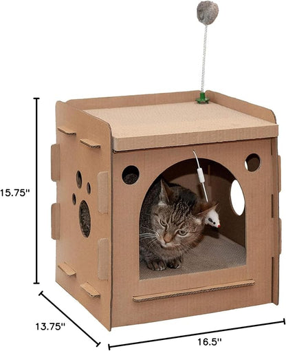 Furhaven Cardboard Cat House w/ Catnip for Indoor Cats, Ft. Scratching Pads & Toys - Modern Condo Corrugated Cat Scratcher Hideout - Cardboard Brown, One Size