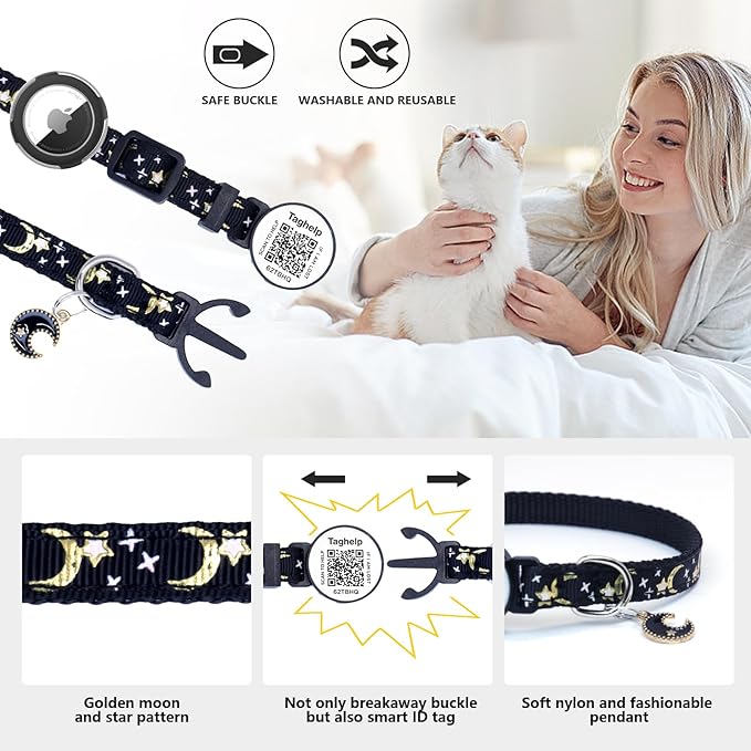 3 Pack Breakaway Cat Collars with Moons Stars - Adjustable Apple Waterproof Airtag Holder for Cats, Safety Buckle for Girl & Boy Pets - Ideal Pet Supplies & Gifts,NO app (Black, Blue, Pink)