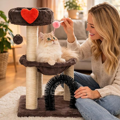 Simple Deluxe 27.8" Small Cat Tree Tower for Indoor Cats, Multi-Level Cute Cat Tree with Scratching Post| Plush Hammock| Perch| Replaceable Cover| Groomer Brush| Dangling Ball for Kittens Play & Rest