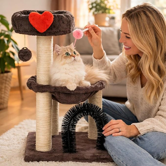 Simple Deluxe 27.8" Small Cat Tree Tower for Indoor Cats, Multi-Level Cute Cat Tree with Scratching Post| Plush Hammock| Perch| Replaceable Cover| Groomer Brush| Dangling Ball for Kittens Play & Rest