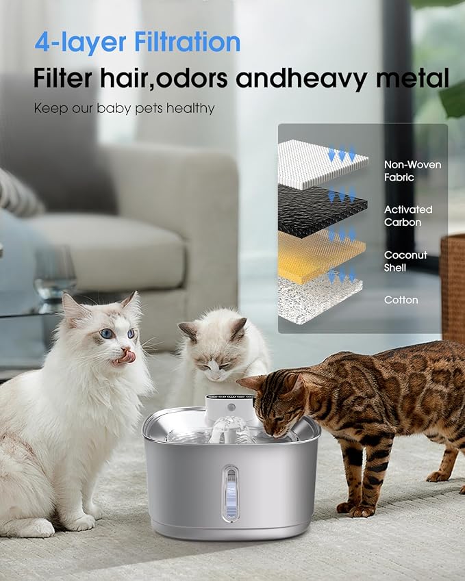Wireless Cat Water Fountain Stainless Steel, Smart Pet Water Fountain Cordless,3.2L/108oz with Filters and 2 Spray-Head,Pet Water Fountain for Cats Dogs Indoor