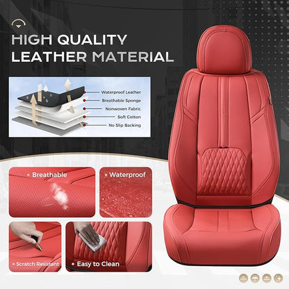 Coverado Front and Back Seat Covers, Red Seat Cover for Cars, Luxury Leather Seat Cover with Lumbar Support, Waterproof Car Seat Cushions Car Seat Protectors Universal Fit for Most Cars SUV Trucks