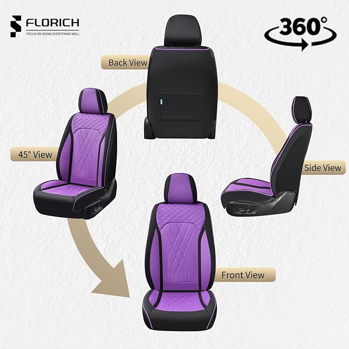 FLORICH Seat Covers for Cars Purple Leather Car Seat Covers Front Pair Non-Slip Full Coverage Seat Cushion Automotive Car Seat Cover Universal Fit for Most Car Truck SUV, Black&Purple