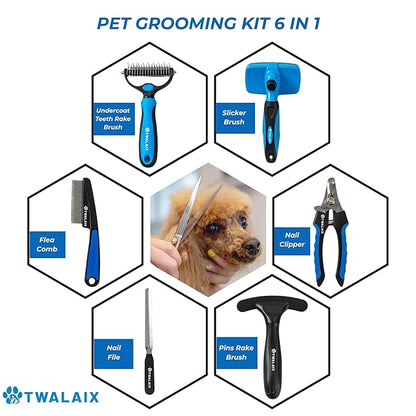 6 in 1 Pet Grooming Kit for Dogs & Cats - Deshedding Brush, Undercoat Rake, Slicker Brush, Nail Clipper, Nail File & Flea Comb for All Coat Types