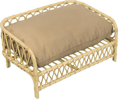 DBD1005B Elevated Pet Daybed 27.5" x 17", Handwoven Rattan Dog & Cat Bed with Machine Washable Cushion, Wicker Rattan Sofa for Small to Medium Pets, Bohemian Style, Light Brown