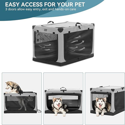 PETSFIT 40" Soft Portable Dog Crate – Patented Spiral Sturdy Frame, Collapsible Travel Kennel for Large Dogs, 3 Mesh Door, Lockable Zippers, Indoor & Car Use Gray