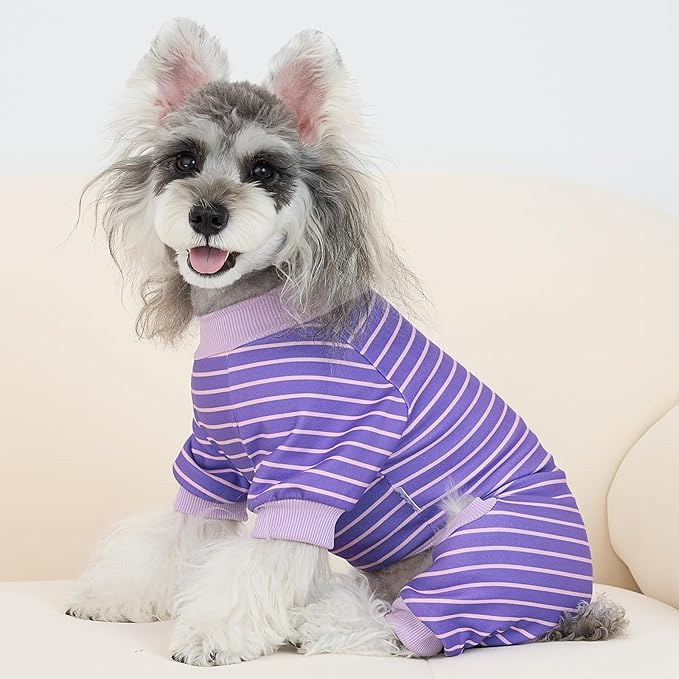 XPUDAC 4 Pack Dog Pajamas Striped Dog Clothes for Small Medium Dogs Girl Boy Comfy Puppy Outfit Doggy Jammies Onesie Pet Costume, Purple, Pink, Orange, 2XL