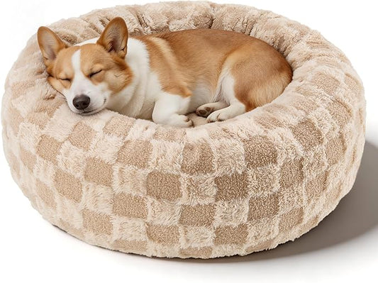 Dog Calming Beds for Small Medium Large Dogs - Round Donut Washable Puppy Dog Bed, Anti-Slip Faux Fur Fluffy Donut Cuddle Anxiety Cat Pet Bed (32" Grid)
