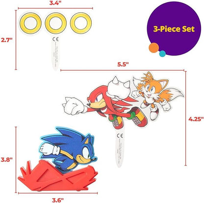 DecoSet Sonic The Hedgehog Cake Topper, 3-Piece Decoration Set With Tails & Knuckles Cake Pic, Rings Cake Pic And Rolling Sonic Action Figurine, For Birthday And Celebrations