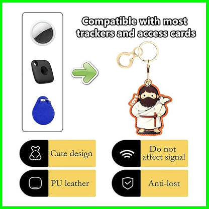 Leather Airtag Keychain Case Holder,Cute Protective Apple Air Tag Cover with Key Ring,Anti-Scratch Hidden Finder GPS Tracker Case for Wallet Keys,Bag,Pets,Backpack(Je sus)