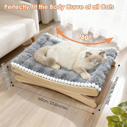 Plush Elevated Cat Bed - Cozy Raised Cat Hammock with Solid Wood Frame, Soft Furry Cushion for Indoor Cats & Small Dogs, Multi-Color Options(Grey)