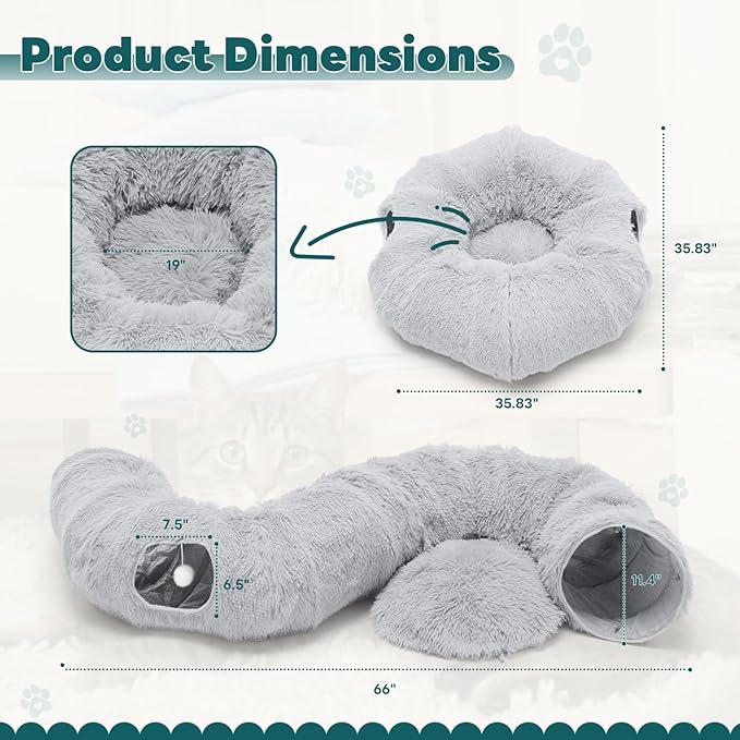 DUMOS Cat Tunnel Bed for Indoor Cats Cave Donut Play Tunnel with Soft Plush Peekaboo, Circle Cushion, Washable Multifunctional Playground Under Tree Pet Toys for Kittens, Puppy Rabbit, Ferret, Grey
