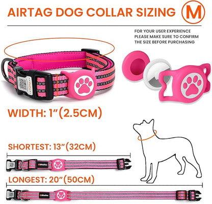 AirTag Dog Collar for Medium Dogs, IP68 Waterproof Air Tag Dog Collar with Apple AirTag Holder, Reflective, QR Code Personalized Dog Tags(Rose Red, Medium)