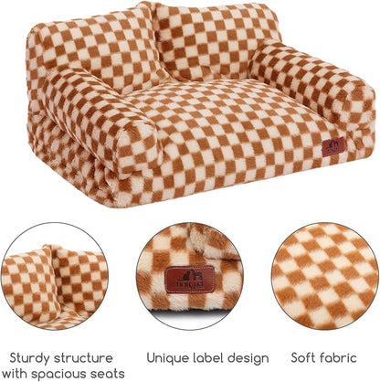 Hollypet Fluffy Dog Cat Bed Pet Couch Beds Plush Soft Warming Washable Puppy Bed for Small Medium Dogs and Large Cats, Brown and Light Yellow, 24" L x 18" W x 10" Th