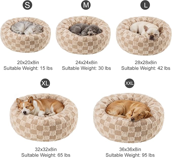 Dog Calming Beds for Small Medium Large Dogs - Round Donut Washable Puppy Dog Bed, Anti-Slip Faux Fur Fluffy Donut Cuddle Anxiety Cat Pet Bed (20" Grid)