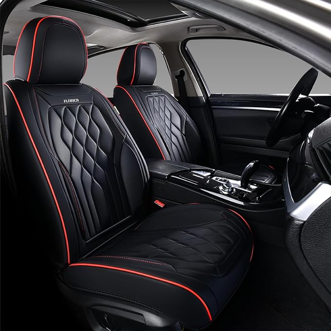 FLORICH Car Seat Covers Front Seat Covers Waterproof Leather Car Seat Protector Universal Fit Most Automotive, SUV, Truck (Black Seat Covers with Red Stitching, 2 Front Set)