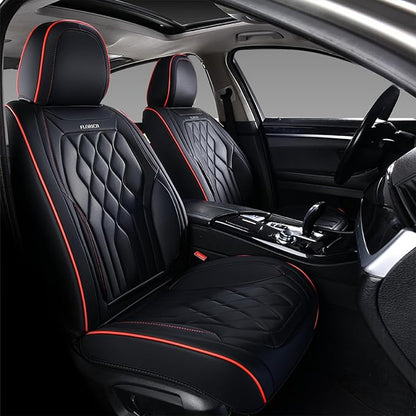 FLORICH Car Seat Covers Front Seat Covers Waterproof Leather Car Seat Protector Universal Fit Most Automotive, SUV, Truck (Black Seat Covers with Red Stitching, 2 Front Set)