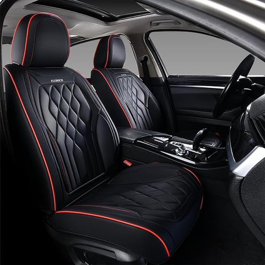 FLORICH Car Seat Covers Front Seat Covers Waterproof Leather Car Seat Protector Universal Fit Most Automotive, SUV, Truck (Black Seat Covers with Red Stitching, 2 Front Set)