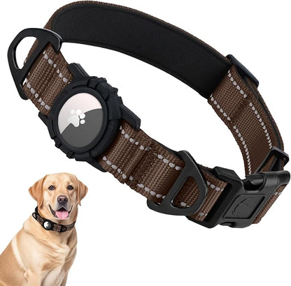 Taglory AirTag Dog Collar with Waterproof Holder for Large Dogs, Brown, L | Reflective for Night Walks & Low-Light Safety, Track Your Pup Peace of Mind, Adjustable Soft Padded, No More Dangling Tags