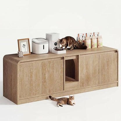 Cat Litter Box Enclosure with Litter Collector, 59'' Double Litter Box Enclosure for 2 Cats, Hidden Litter Box Furniture for Indoor Cats Large Adult, Cat House, Side Table, TV Stand, Natural